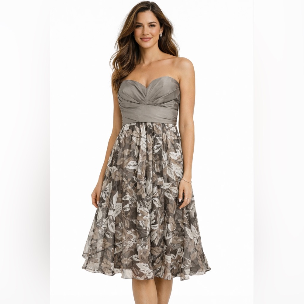 Donna Ricco Silk Strapless Dress Sz10 Taupe Floral Flowy Garden Party Wedding